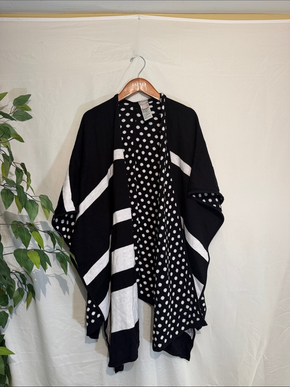 Chico's Black and White Polka Dot Open-Front Poncho Wrap
